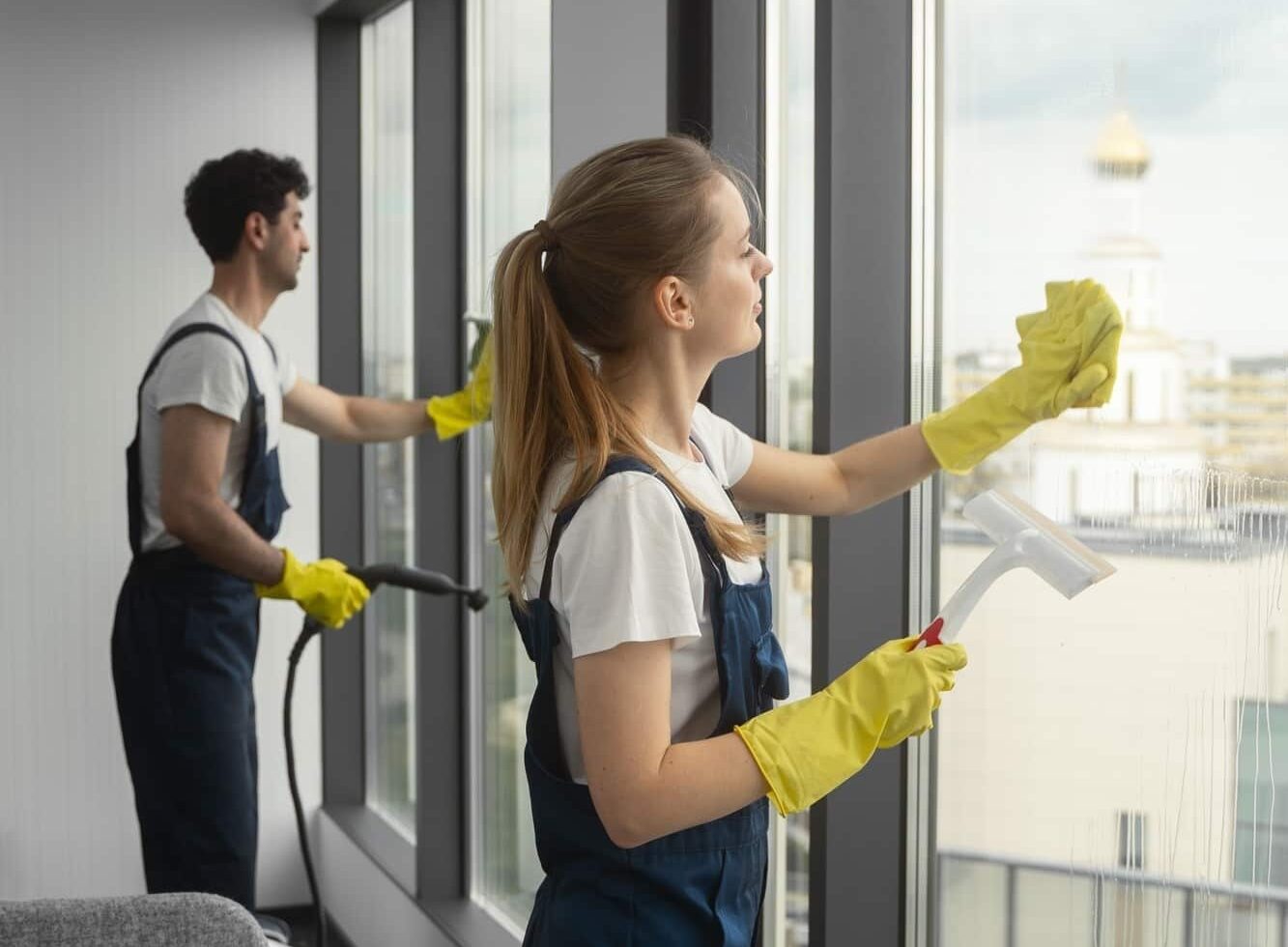 full shot people cleaning office